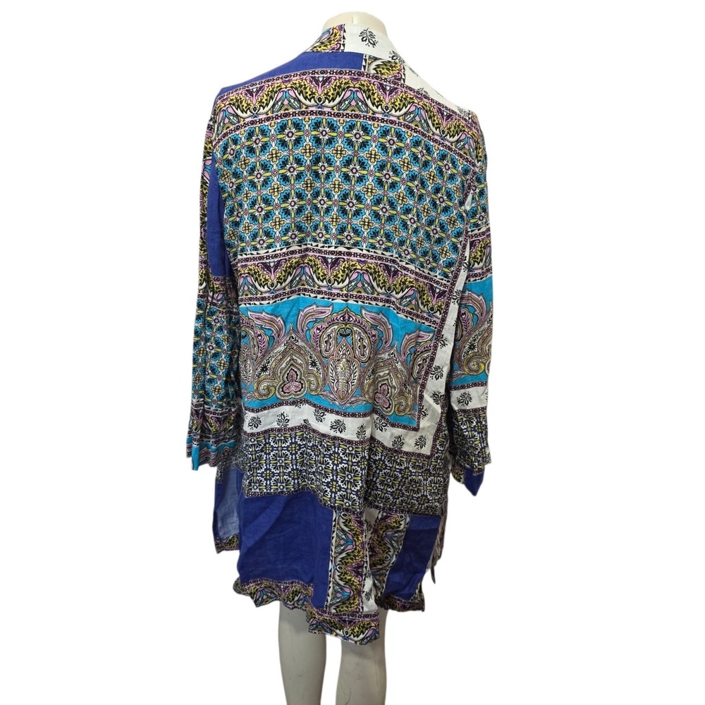Chico's 100% Linen Patchwork Paisley Floral Open Front Kimono‎ Cardigan Size 2